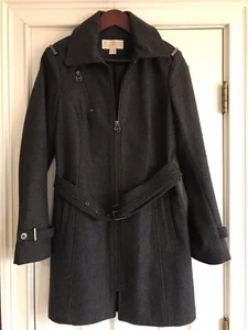 Michael Michael Kors Charcoal Gray Wool Blend Belted Walker Coat Size Medium - Picture 1 of 12