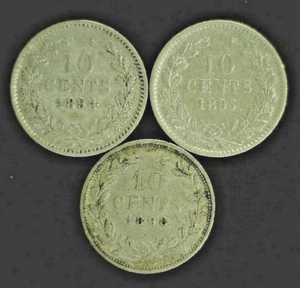 1894,1895, & 1898 NETHERLANDS SILVER 10c - (2) YOUNG WILHELMINA & (1) OLD (8253) - Picture 1 of 2