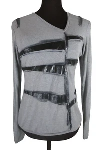 Top Oblicuo Gris Negro Rayas Asimétricas Cuello en V Manga Larga Italia XS UE 0 - Imagen 1 de 15