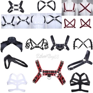 Men Lingerie Faux Leather Wetlook Body Chest Harness Costume Clubwear Adjustable - Picture 1 of 89