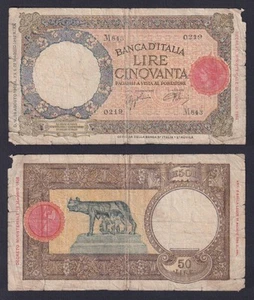 Banconota Italia 50 lire Lupetta 1942 L' Aquila P.-58 MB/F - Imagen 1 de 1