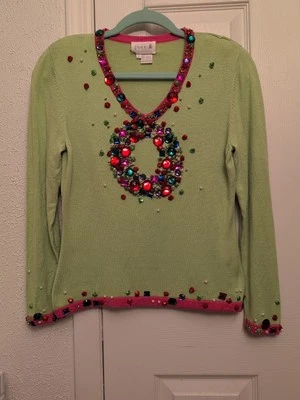 Suéter Just B Navidad Verde Rosa Talla Pequeña Cuentas Joyas Perlas Ligero Foto 1 de 4