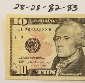 Partial Palindrome US $10 Dollar Bill 28-83 Fancy Serial Number Ten USD 2009 B - Picture 1 of 4