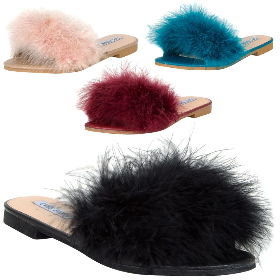 New Womens Fluffy Feather Fur Slide Flat Sandal Flip Flop Slipper Shoes Open Toe - Image 1 of 1