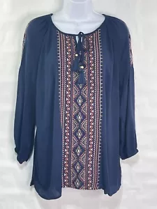 CB Established Women’s Sz XL Navy Embroidery Crinkle Tunic Blouse - Picture 1 of 9