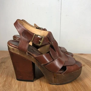 Robert Clergerie Shoes Womens 7.5 B Wooden Heels Brown Leather Strappy Clog - Picture 1 of 14