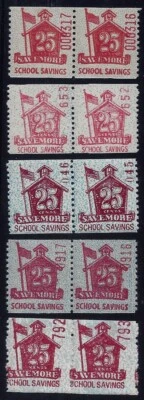 Scarce 25c "Savemore" School Savings Cinderella Stamps 5 Diff Types Schermack - Image 1 of 4