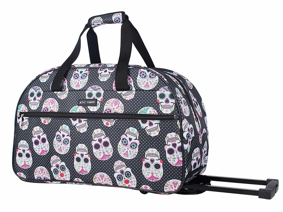 Betsey Johnson Carry on Luggage Sugar Skull Pattern 22 Inch Rolling Duffel Bag