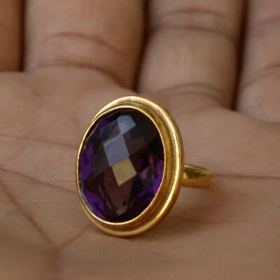 Sfaccettato Ametista Viola Ovale Gemma Anello 925 Argento Sterling Buona Fortuna - Immagine 1 di 4