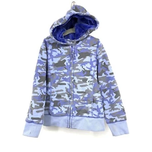 LL Bean Kids Girls Large 6X 7 Hoodie Sweatshirt Fleece Lined Blue Camo SPOTS - Picture 1 of 12