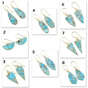Copper Turquoise Gold Plated Drop Dangle Bezel Hook Earring Lightweight Earrings - Picture 1 of 17