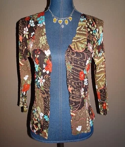 ALBERTO MAKALI Brown Floral Crinkled Sequin Hook Eye Closure Shrug Jacket SZ M - Picture 1 of 4