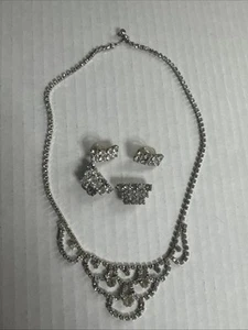 Vintage 1950s necklace and earrings set rhinestone Silvertone - Picture 1 of 14