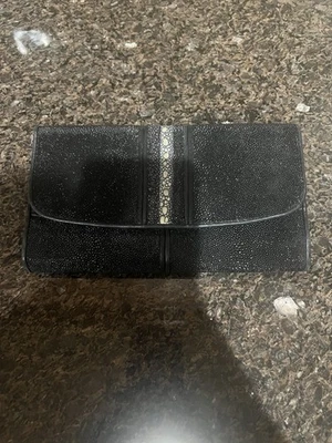 VARIEDAD 100% GENUINO NEGRO PIEL DE RAYA Y CUERO DAMAS CLUTCH MONEDERO CARTERA Foto 1 de 4