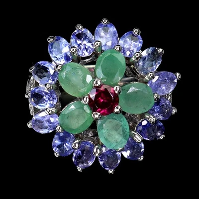 925 Sterling Silver Ring Oval Emerald Tanzanite Rhodolite Gemstone Jewelry Size  - Image 1 of 4