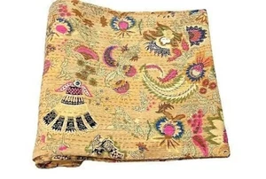 Indian Yellow Crown Print Kantha Quilt Twin Cotton Blanket Vintage Bedspread US - Picture 1 of 6