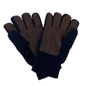 Emporio Armani Lambswool Blend Italian Knit Gloves Leather Navy Blue Brown Mens