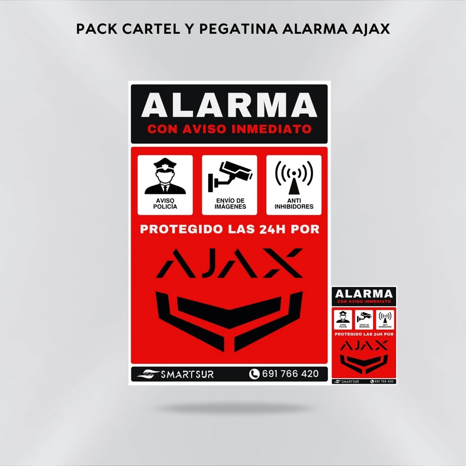 Cartel Disuasorio Alarma AJAX Placa Aluminio A5 + Pegatina Vinilo A7. Pack - Imagen 1 de 1