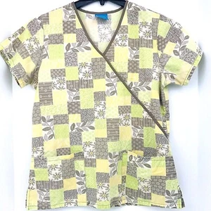 Scrubs HQ Medium Flowers Yellow Gray Green Scrub Top Medical Nurse Veterinary - Picture 1 of 6