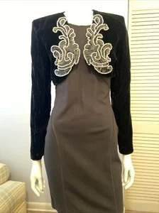 Vtg Betsy & Adam Dress Bolero Jacket Black Velvet Sequin Pearl Size 7-8 S/M - Picture 1 of 12