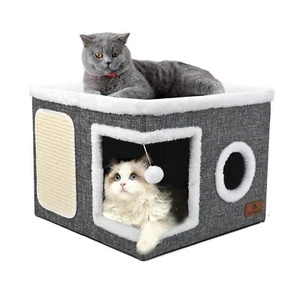 Cat Beds for Indoor Cats Large Cat Cave Bed with Scratch Pad and Fluffy Ball ... - Picture 1 of 7