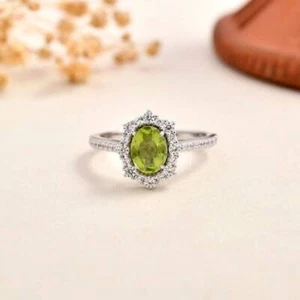 1.32 Ct Peridot & White Topaz Engagement Prong Ring 925 Solid Sterling Silver - Picture 1 of 6