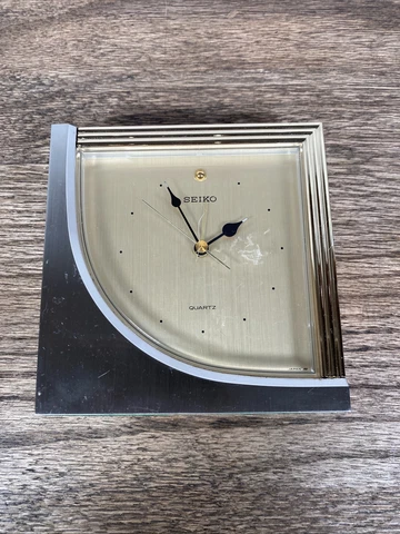SEIKO Japan Vintage Square Quartz Desk Alarm Clock Gold Brass & Chrome Case Cover