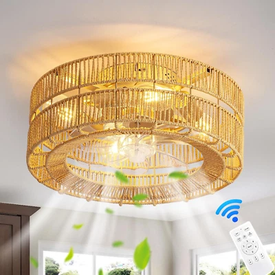 Boho Caged Ceiling Fan with Lights Flush Mount,17.7" Rattan Fandelier Ceiling Fa - Image 1 of 4