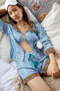 Anthropologie  Forest Fable Pajama Top blouse SIZE L BLUE FLORAL new large - Picture 1 of 8