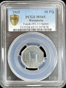 1919 GERMANY CITY OF HAMM WESTPHALIA 10 PFENNIG NOTGELD PCGS MINT STATE 65 - Picture 1 of 2