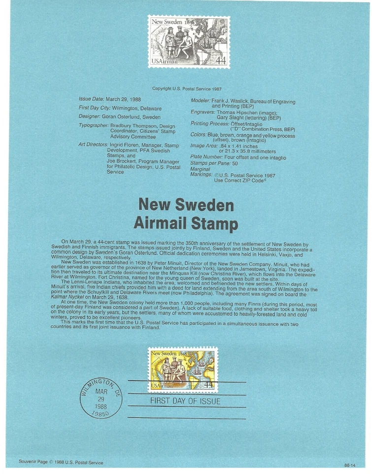 USPS Souvenir First Day Of Issue Comm Stamp 3/29/88 New Sweden Air Mail 44c - Image 1 of 1