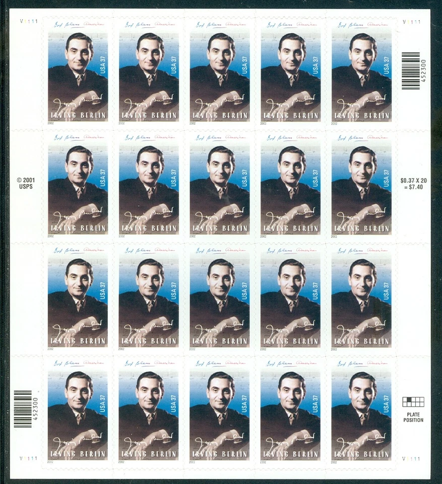 US 3669 Irving Berlin Composer, Complete Sheet/20, Mint NH - Image 1 of 1