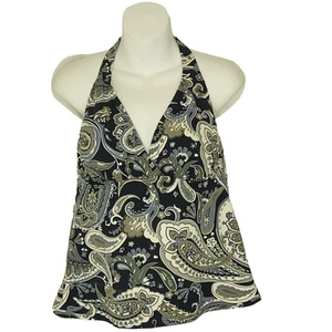 Lands End Tankini Halter Tie Swim Top Black White Blue Paisley Size 12 - Picture 1 of 16