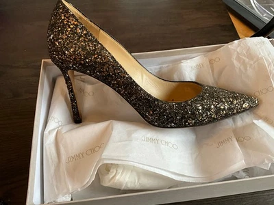 Size 39 Authentic JIMMY CHOO 90mm ROMY bronze/black coarse glitter  pumps - image 1 of 4