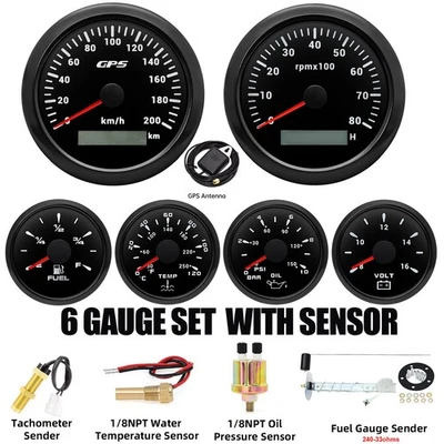 6 Gauge Set With Sender 85MM GPS Speedometer 0-200Km/H with Tachometer 0-8000RPM - Image 1 of 4