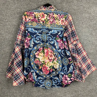 Camisa xadrez flanela Aratta Silent Journey manga sino boho floral botão para cima M - Imagem 1 de 4