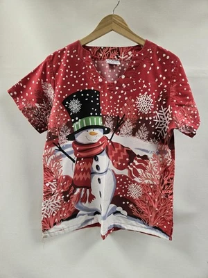 Blusa Médica U para Mujer Grande Roja Muñeco de Nieve Navidad Vacaciones Bolsillos con Cuello en V Foto 1 de 4