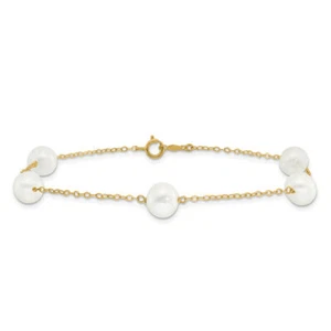 14K Solid Yellow Gold 7mm White Round Freshwater Cultured Pearl 5 Station ... - Picture 1 of 3