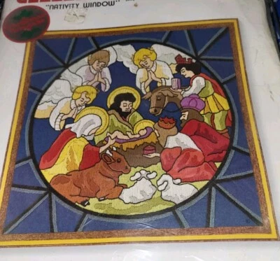 Kit de bordado crewel ventana belén Navidad costura puesta de sol vintage 1980  Foto 1 de 4
