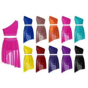 Kids Girls Crop Top With Skirted Briefs 2 Pieces Dancewear Overlay Ruched Shiny - Picture 1 of 105