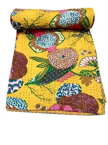 Handmade Fruit Print Yellow Kantha Quilt Reversible Cotton Blanket Bedding throw - Picture 1 of 2