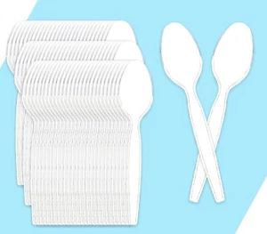 100 Reusable Plastic Teaspoons - Lightweight Dessert Spoons - Heavy Duty Cutler - Picture 1 of 1