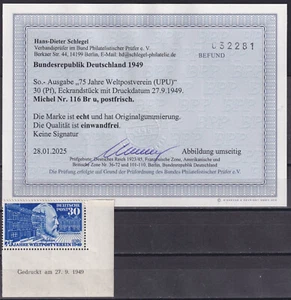 BUND 1949 NR. 116 ** ECKRAND + DRUCKDATUM - LUXUSGEPRÜFT SCHLEGEL BPP 220 € RAR - Bild 1 von 2