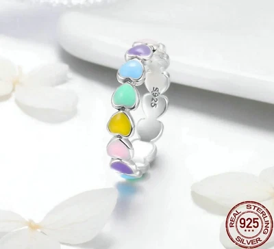 Genuine 925 Sterling Silver Rainbow Heart Enamel Ring - Image 1 of 3