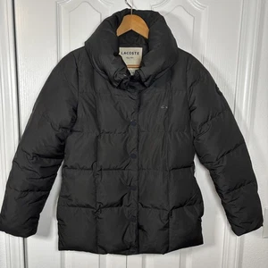 LACOSTE Women's Quilted Down Puffer Coat Snap Size 38 Black Convertible Collar L - Picture 1 of 16