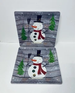 Set of 2 Citrus Grove Holiday Snowman & Trees Square 10" Melamine Plates - NEW - Picture 1 of 8