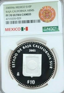 2005 MEXICO SILVER 10 PESOS BAJA CALIFORNIA SUR NGC PF 70 ULTRA CAMEO POP 1 - Picture 1 of 4