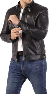 Leather Jackets Men - Quilted Cafe Racer Style Real Lambskin Leather Motorcycle - Picture 1 of 61