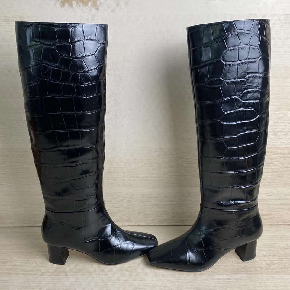 3.1 PHILLIP LIM “Tess” Black Croc-Embossed Square Toe Zip Up Leather Boots, 37 - Image 1 of 4