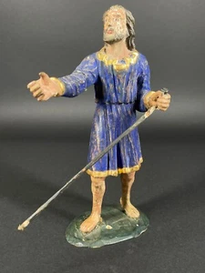Antique European Carved Painted Gilt Wood Bearded Male Creche Figure w Staff - Picture 1 of 6
